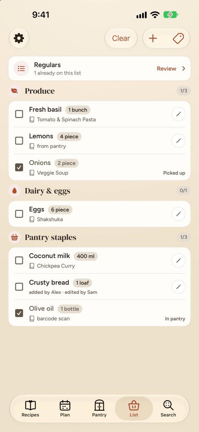 Casa's List tab, grouped into Produce, Dairy & eggs and Pantry staples. Each item shows the recipe it's for, and one was added by Alex and edited by Sam.