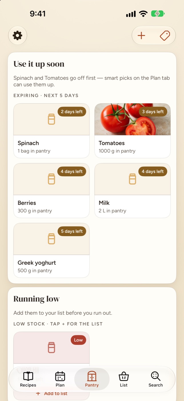Casa's Pantry tab. A Use it up soon card lists spinach, tomatoes, berries, milk and Greek yoghurt with the days left on each, above a Running low card.
