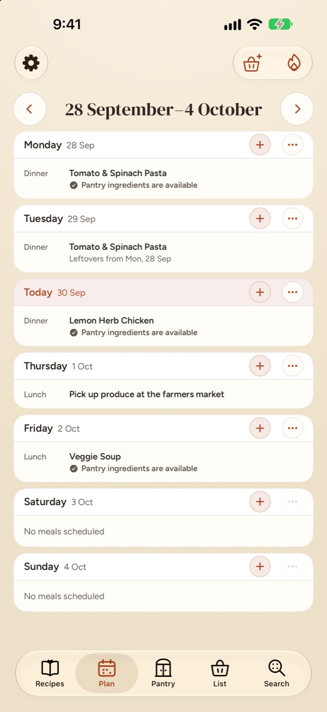 Casa's Plan tab showing a week of meals. Monday's Tomato & Spinach Pasta has its pantry ingredients available, and Tuesday serves the leftovers.