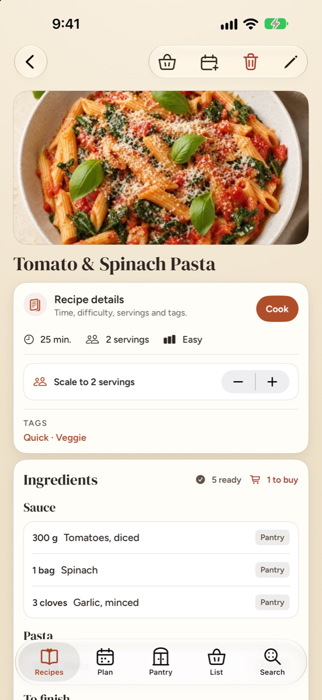 A Tomato & Spinach Pasta recipe in Casa. The ingredients summary reads 5 ready and 1 to buy, and each sauce ingredient is marked as in the pantry.