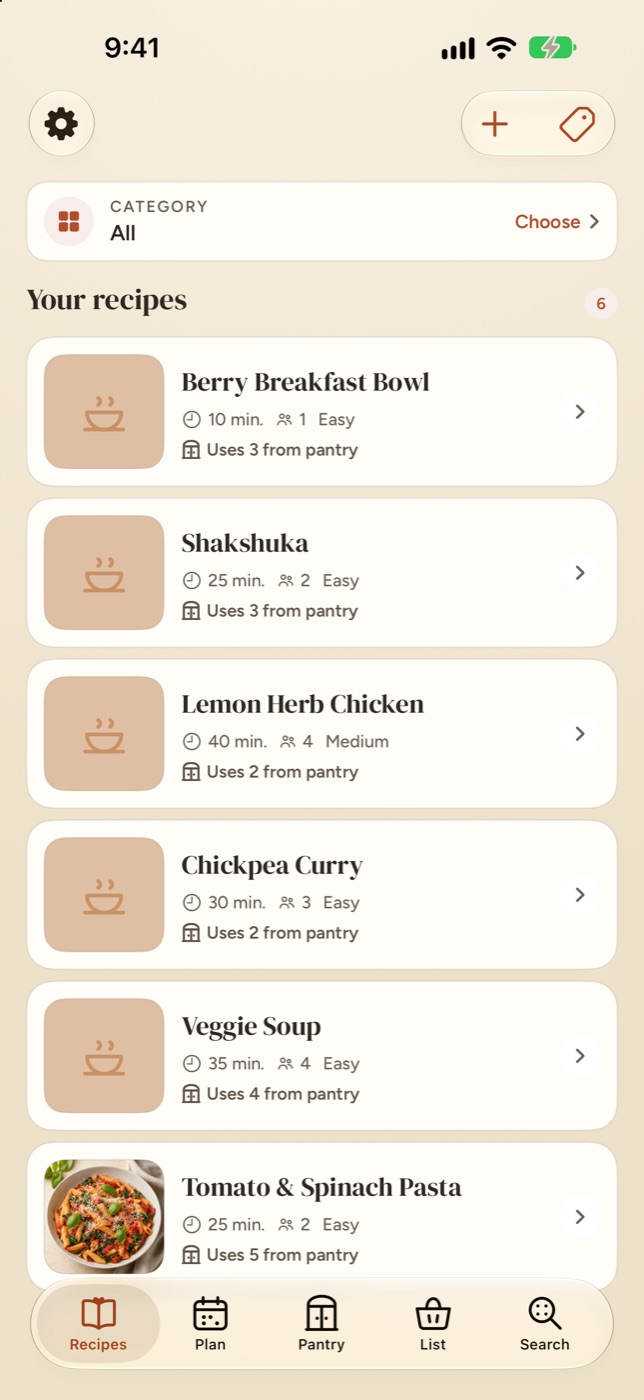 Casa's Recipes tab listing six recipes, each with its time, servings, difficulty and how many ingredients it uses from the pantry.